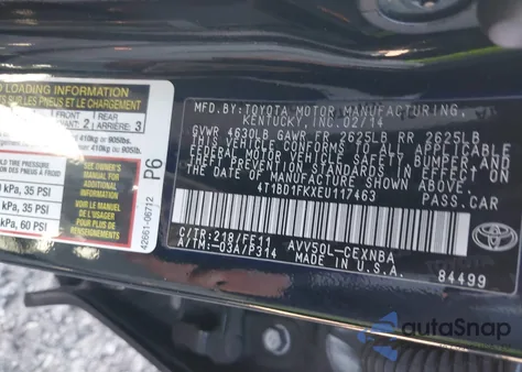 2014 Toyota Camry Hybrid Le z USA, uszkodzony, nr VIN 4T1BD1FKXEU117463